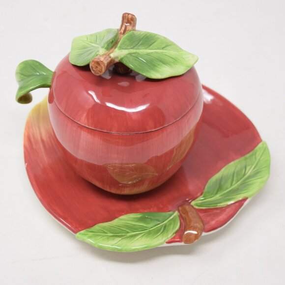 VTG Apple Shaped Jam Jar Lid Plate Spoon Cottagecore Farmhouse Granny Condiment - Picture 1 of 15